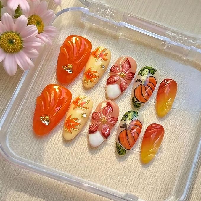 30Pcs Fall Press on Nails Medium Almond Fake Nails with 3D Flower Rhinestones Design Orange Pumpkin Maple Leaf False Nails White French Tip Acrylic Nails Autumn Thanksgiving Stick on Nail for Women