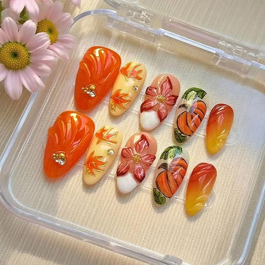 30Pcs Fall Press on Nails Medium Almond Fake Nails with 3D Flower Rhinestones Design Orange Pumpkin Maple Leaf False Nails White French Tip Acrylic Nails Autumn Thanksgiving Stick on Nail for Women
