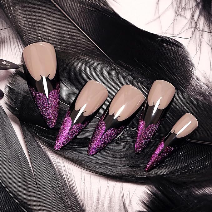 IMRAIN Halloween Press on Nails Long Stiletto Fake Nails Purple Cat Eye French Tips False Nails with Bat Designs Glossy Bling Artficial Glue Stick on Nails for Women 24Pcs