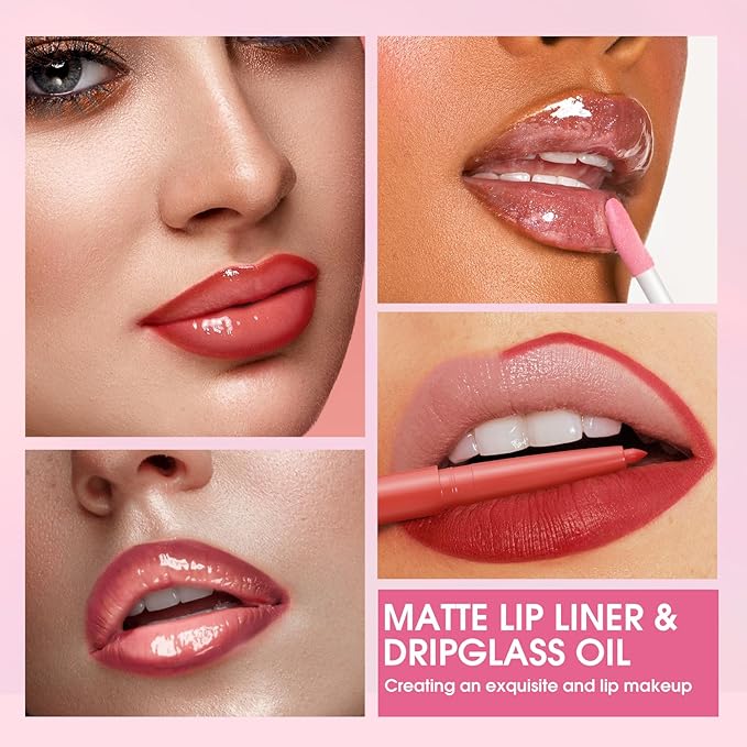 Jolilab Matte Lip Liner Lip Oil Set, Lip Makeup Set Natural Smooth Long-Lasting And Hydrating Beauty Daily Cosmetics Gift for Girls Easy-to-Use（12pcs）