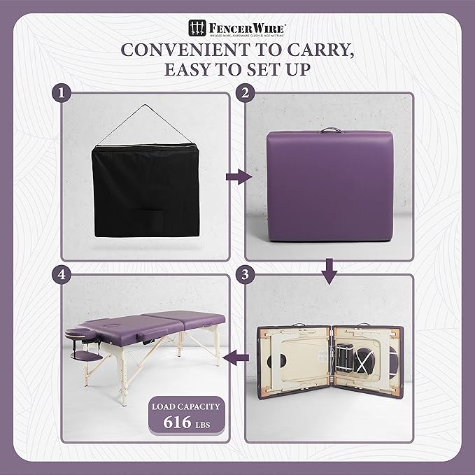 Fencer Wire 84 Inch Premium Memory Foam Massage Table, Foldable Spa Bed, Height Adjustable, Facial Cradle Salon Bed, Purple, 32 Inch Wide