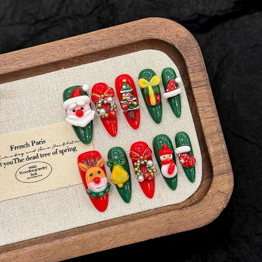 Handmade Press on Nails Long Stiletto Fake Nails Christmas with 3D Snowman and Christmas tree Designs Red Glitter Cute Acrylic Nails for Women 10pcs (Size M）