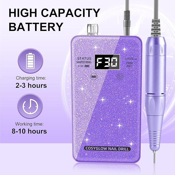 Professional Electric Nail Drill File:COSYGLOW Glitter Portable Cordless E-File Nail Drill Kit with 11 Drill Bits,30000 RPM Rechargeable Nail Drills Machine for Acrylic Nails Gel Polishing(Purple)
