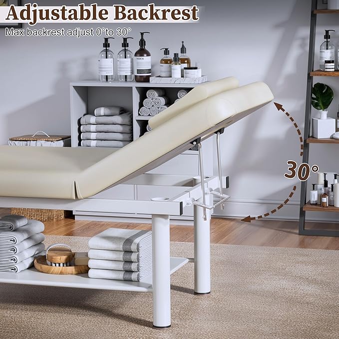Olela Heavy Duty Stationary Massage Table with Adjustable Backrest, 31.5" Wide Professional Spa Facial & Therapy Bed, Metal Frame PU Leather Treatment Table for Salon & Clinic
