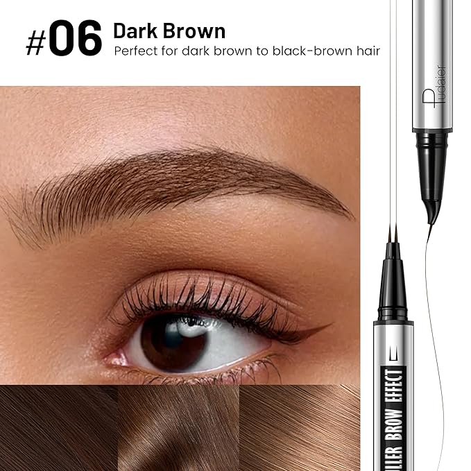 Pudaier 2 Pack 2 Fine Tip Eyebrow Pen, Waterproof Filling Faux Brow Makeup Pencils for Women with Precise Curved Brush-Tip to Fast Create Natural Hair-Like Brows, Last All-Day (Dark Brown)