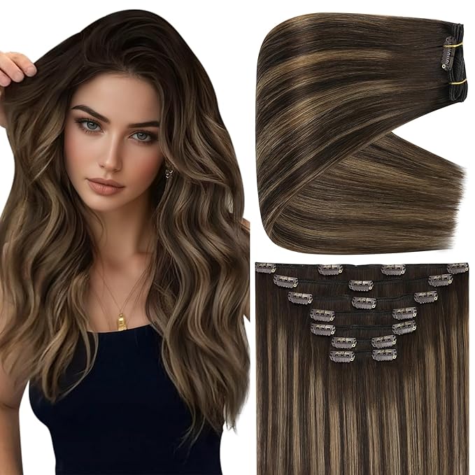 Full Shine Dark Brown Balayage Clip in Extensions Real Human Hair 20 Inch 150 G Brown Clip on Hair Extensions for Thickness 7 Pcs