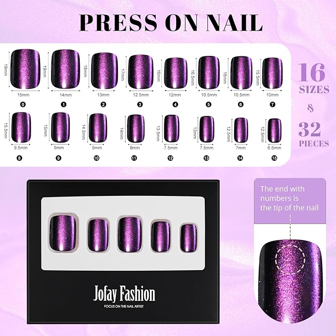 Cat Eye Press on Nails Short, Jofay Fashion Stylish Purple Square Press on Nails, Soft Gel Fake Nails, Reusable & Natural Acrylic False Nails, Stick on Nails for Women Gift, Glue on Nails Kit 32 Pcs