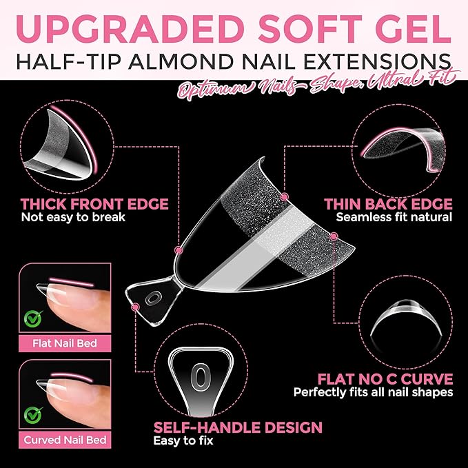 Almond Nail Tips: 504PCS Half Cover Short Almond Gel Nails Tips, Clear Soft Extra Short Fake Nails Acrylic Press On Nail Extensions XXS for Manicure Art DIY Salon 12 Sizes