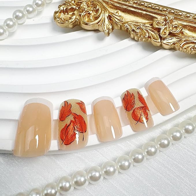 24Pcs Fall Press on Nails Short Square Thanksgiving Fake Nails with Glitter Autumn Maple Leaves False Nails French Tip Stick on Nails Fall Artificial Acrylic Nail Tips for Women Holiday Nail Decor