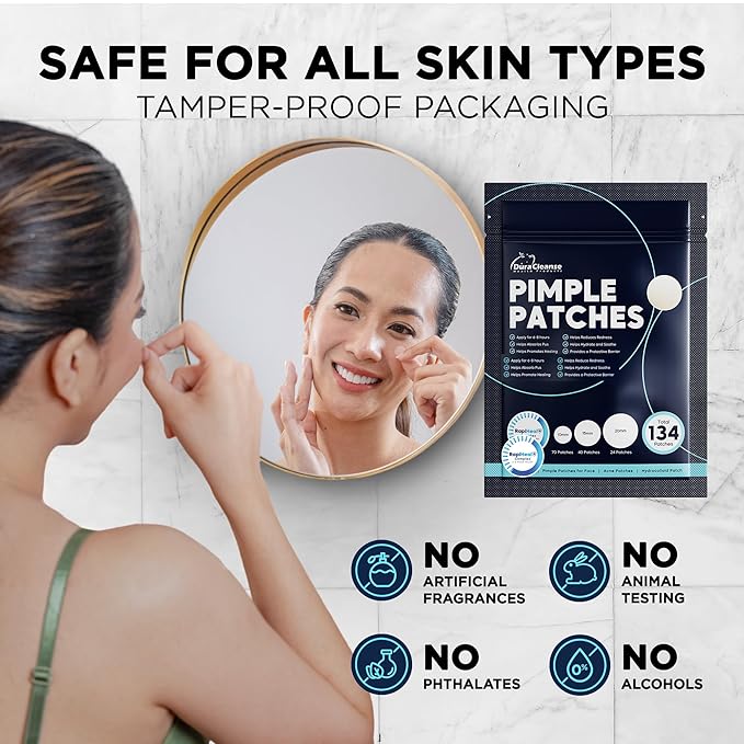 Pimple Patches for Face - 134 Count Hydrocolloid Acne Patches - Zit, Blemish, Cystic Acne Dots & Dark Spot Treatment - Invisible Clear Pimple Patch Stickers for Forehead, Chin, Nose, 3 Sizes (S, M, L)