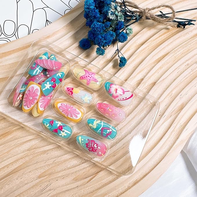 30Pcs Handmade Press on Nails Medium Almond Fake Nails with 3D Designs Summer Beach Acrylic Nails Seashell Flower Glue on Nails Heart Starfish False Nails Lemon Butterfly Stick on Nails for Women