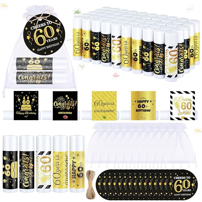 50 Sets 60th Birthday Favors Lip Balm Gifts Bulk Moisturizing Lip Balm with 50 Organza Drawstring Gift Bag 50 Tags 60th Birthday Party Supplies Gifts Bulk for Men and Woman