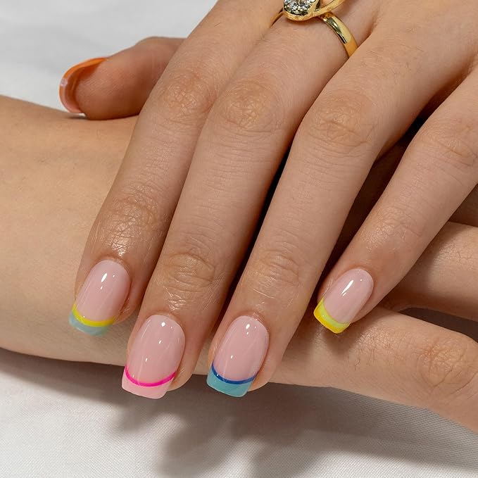 Curvlife Press on Nails Gel Fake Nails with Rainbow-French Design Full Cover False Nails for Women Reusable Nail Kit with Nail Glue Adhesive Tabs Nail File