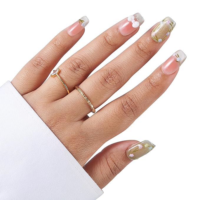 Medium-Golden Garden Fake Nails Press-On Manicure Kit for Women | French Tip 10 Nails | Nail Glue, Dual Nail File, Cuticle Stick, Buffer Block | Measure Before Ordering