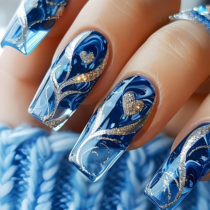 24Pcs Gold Curve Line Press on Nails Medium Square Fake Nails Glossy Blue Gradient False Nails Sea Love Heart Acrylic Nails Sparkly Ombre Line Glue on Fingernails for Coquette Women Holiday Nail Art