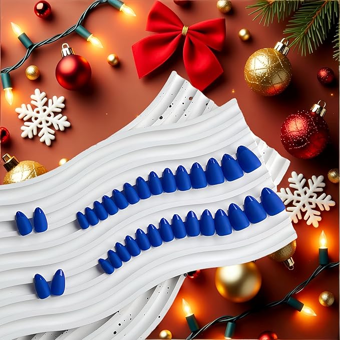 Royal Blue French Tip Press ons, Press on Nails Medium Almond Glue on Nails Short Acrylic Glue on Nail Gel Fake Nail False for Women Fall Winter, in 32 Pcs 16 Sizes