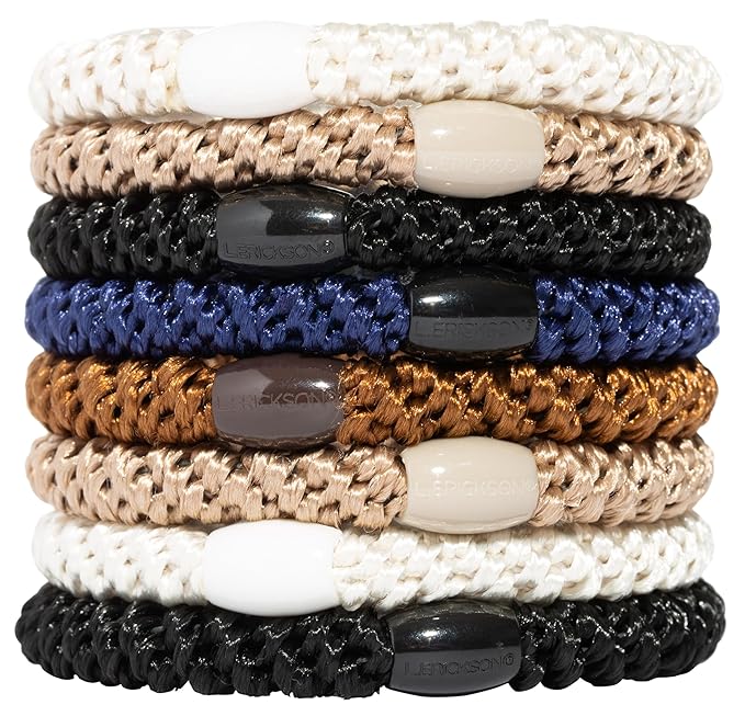 L. Erickson Grab & Go Pony - Classic - 8 Pack Ponytail Holder Hair Ties - Black, White, Beige Neutral Mix