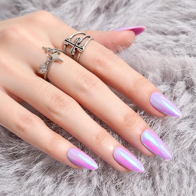 Wooyas Press on Nails Almond, Purple Metallic Mirror Finish Handmade Nails Reflective Mirror, Medium Aurora Nails Full Cover by Professional Manicurist, 24 Pcs Soft Gel Glue On Nails Kit