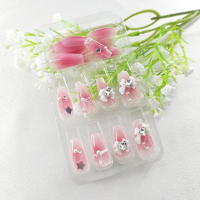 Coffin Press on Nails Decorate Fake Nails Medium Pink-Red Blooming Glue on Nails with Heart Gem Bow Designs Pearl Star Nail Press ons 5D Glossy Acrylic Stick on Nails for Women 24Pcs