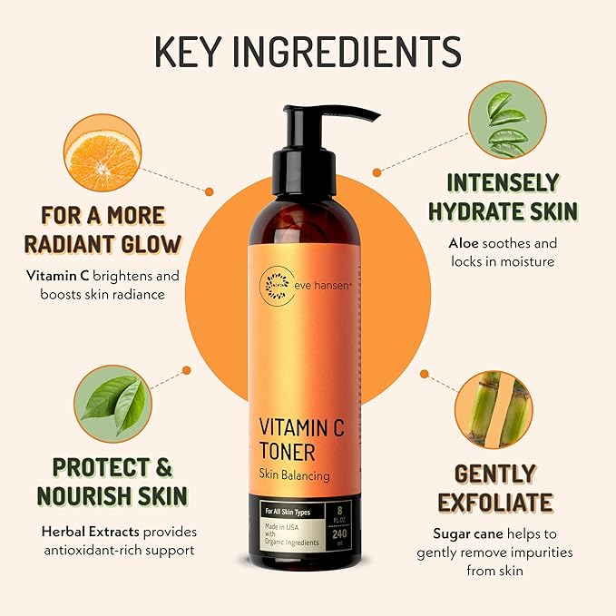 Eve Hansen Vitamin C Toner for face | 8 oz Hydrating Facial Toner Pore Minimizer with Anti Aging Aloe, Citric Acid & Tea Tree | Skin & Face Toner for All Skin Types & Even, Clear Skin