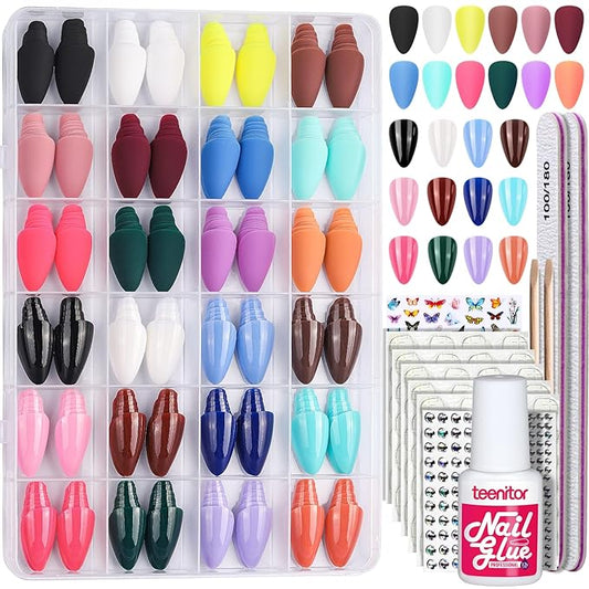 Teenitor 24 Packs Almond Press On Nails, 576 Pcs Medium Almond Nails, Reusable False Nails in 12 Sizes, Fake Nails with Glue