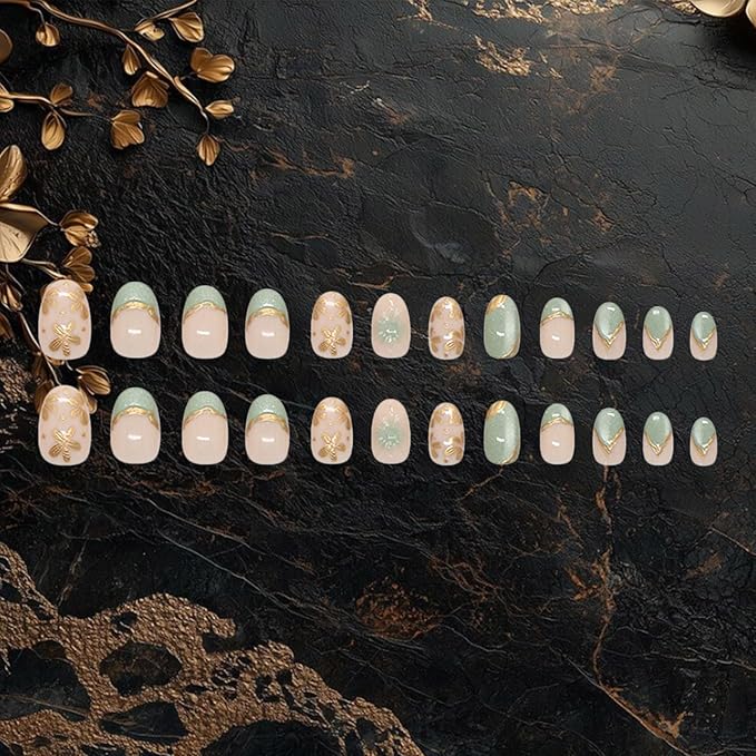 3D Flower Press on Nails Glossy Green Short Oval False Nail 24Pcs Gold Leaves Press ons Fingernails Curve Line Gel Glue on Acrylic Fake Nails French Tips Stick on Nail for Holiday Manicure Art