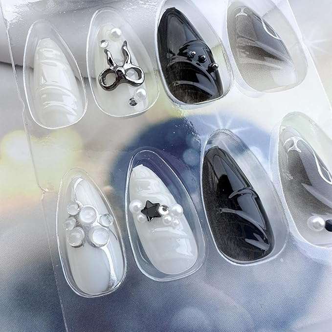 Black Press on Nails Medium Almond Fake Nails with 3D Alloy Bow Pearl Designs Black Gradient Full Cover False Nail Water Drops Silver Star Glossy Acrylic Nails Stick on Nail for Women 24Pcs