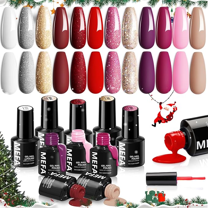 MEFA Christmas Gel Nail Polish Set, 12 Colors Pink Red Gel Polish Set Shimmering Gold Silver Glitter Nail Polish Soak Off Purple Nude White Brown Gifts for Girl DIY Salon Home Manicure