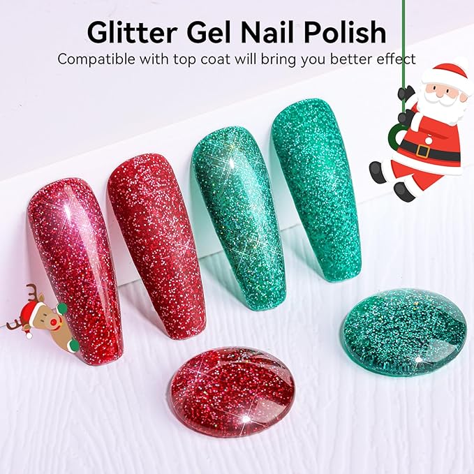 Makartt Christmas Glitter Gel Nail Polish Set - 2 Pcs 15ml Shimmer Gel, UV Soak Off for Nail Art Design, DIY Home Salon Winter Manicure Gift, Tinsel Green & Glistening Cheer