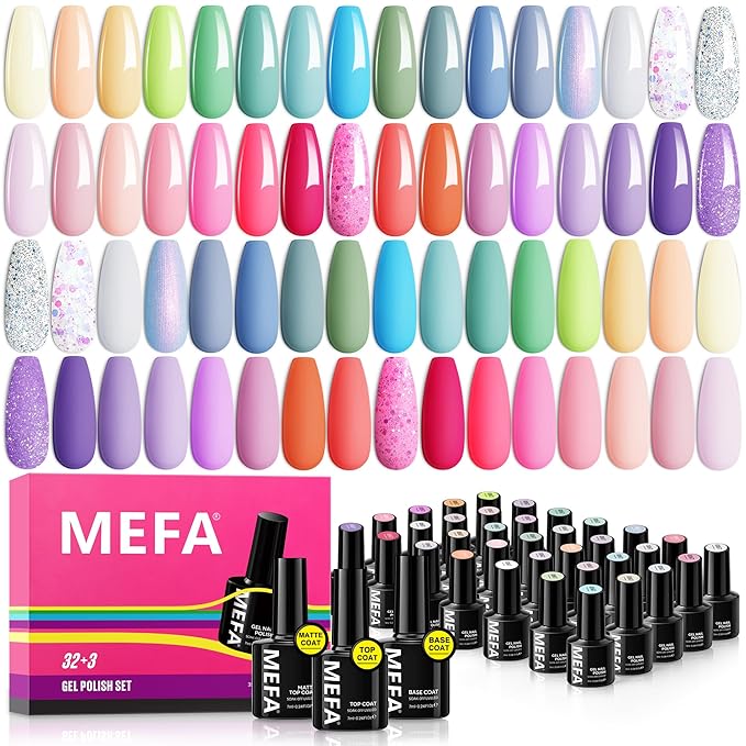 MEFA 35 Pcs Pastel Gel Nail Polish Set, 32 Colors Spring Collection Gel Nail Polish Kit Macaron Pink Green Nail Art Manicure DIY Home Decoration Beginners Gifts for Women Girls