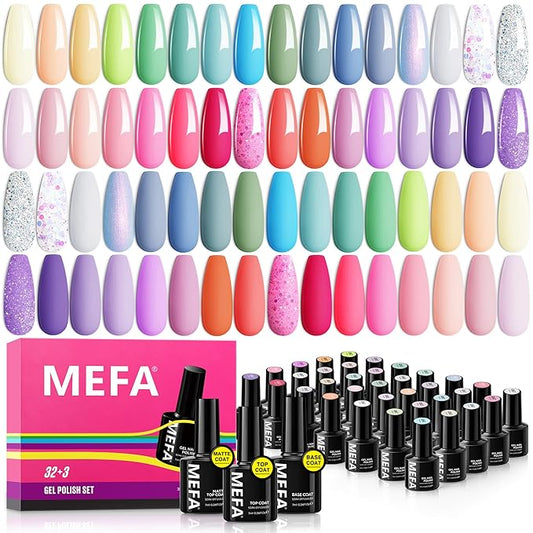 MEFA 35 Pcs Pastel Gel Nail Polish Set, 32 Colors Spring Collection Gel Nail Polish Kit Macaron Pink Green Nail Art Manicure DIY Home Decoration Beginners Gifts for Women Girls