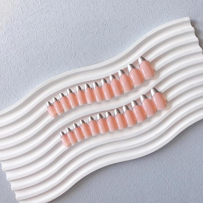 Silver French Tip Press On Nails Short Almond, Medium Fake Nails French Nails Press ons Acrylic Nails Glue on Nails Medium, Natural Short Almond Nails False Nails for Women in 12 Sizes 24 Pcs