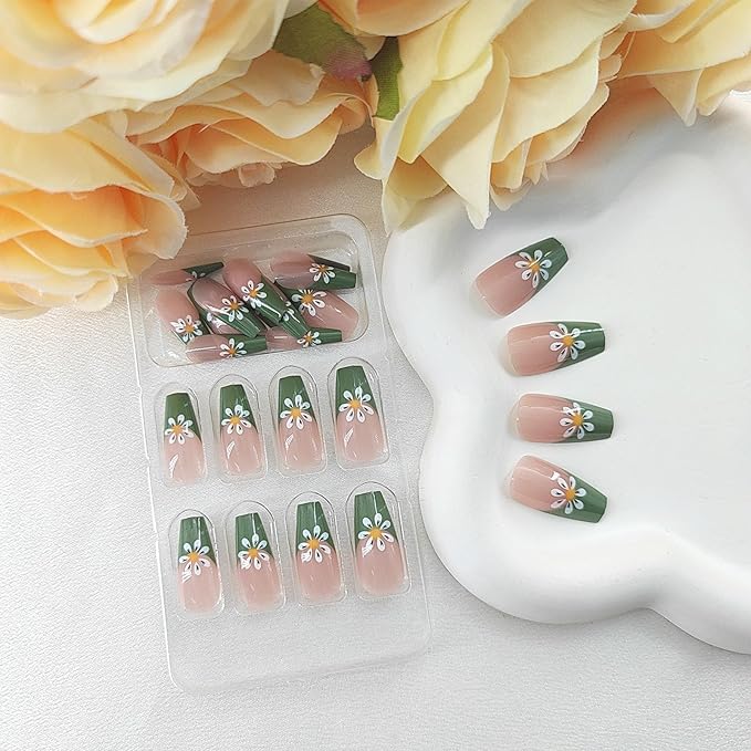 Coffin Press on Nails Medium Green French Tip False Nails with White Flower Design Coffin Nails Press ons Light Pink Full Cover Glue on Nails Glossy Fake Nails Cute Stick on Nails for Women 24Pcs