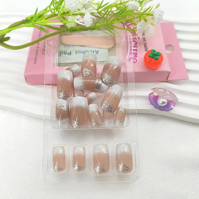 Press on Nails Medium Square Fake Nails French Tip Nails Press ons Glossy Glue on Nails White Ombre Acrylic Nails Brown False Nails with Glitter Designs Artificial Stick on Nails for Women 24Pcs