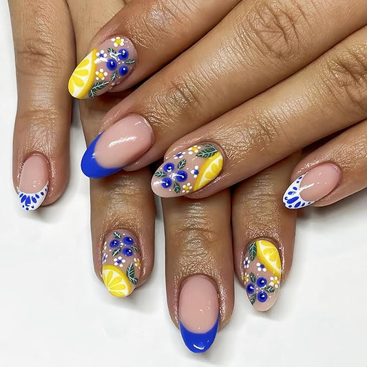 Cute Blue French Tip Press on Nails Medium Almond Fake Nails with Designs Lemon Blueberry False Nails Bohemian Glue on Nails Flower Full Cover Artificial Stick on Nails Acrylic Nails for Women 24Pcs