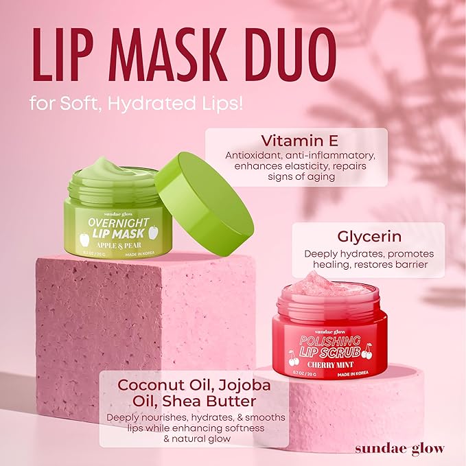 Apple, Pear, Cherry & Mint Lip Mask and Scrub - Dermatologist Tested, Hydrating & Exfoliating, Korean Skin Care, Nourishes, Softens & Brightens Lips - Vegan & Natural - 1 Pack