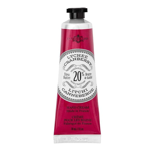 La Chatelaine 20% Shea Butter Hand Cream Travel Size, Organic Argan Oil, Moisturizing, Nourishing, Repairing, Extra-Rich Hand Lotion, Made in France, Paraben Free, 1 oz / 30ml (Lychee Cranberry)