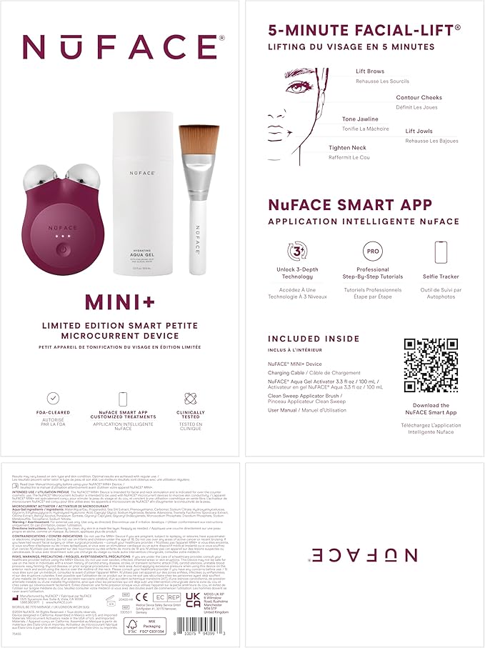 NuFACE MINI+ Microcurrent Facial Device Kit - Limited Edition FDA Cleared Face Massager Device + Microcurrent Gel Activator & Applicator Brush - Velvet Rose