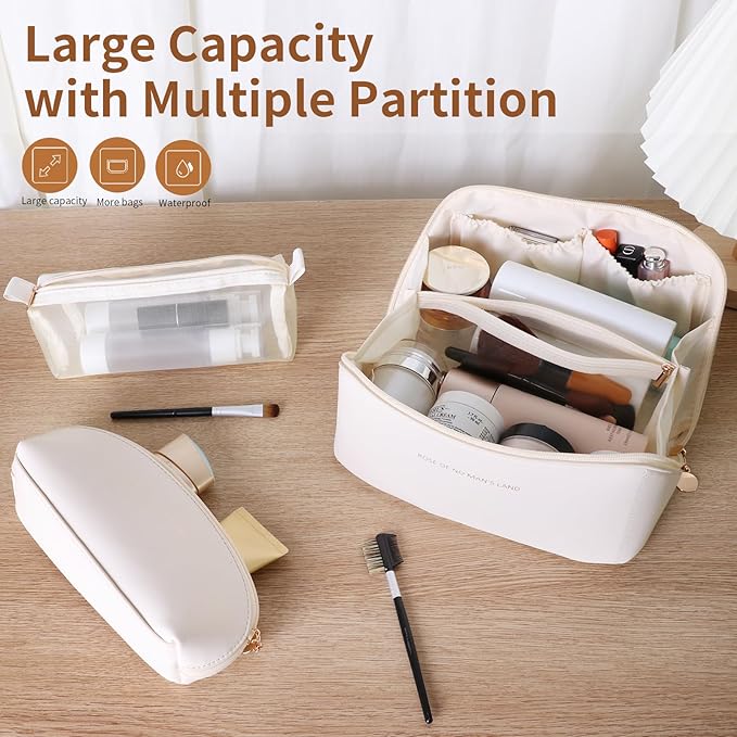 3 Pcs Travel Makeup Bag Portable Large Capacity Cosmetic Bags for Women Open Flat Makeup Case Organizer Bag Set of 3 Waterproof PU Leather Toiletry Bags with Divider and Handle (White, Medium)