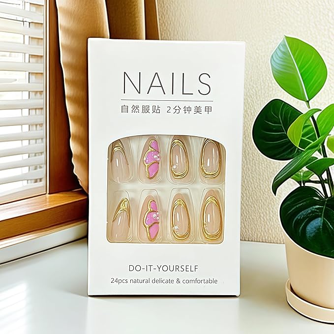 Flower Almond Press on Nails Medium Fake Nails with 3D Gold Line Pink Floral Designs Acrylic Nails Full Cover Stick on Nails Chrome Gold Line French Artificial Nails Glue on Nails for Women 24Pcs