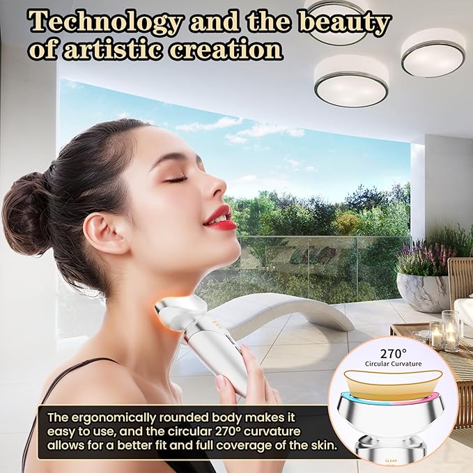 Red Light Beauty Device for Face and Neck, Based on High-end Red and Blue LED Light, Facial Cold and Hot, Vibration Technology, 3 Color Led Face and Neck Beauty Device for Home Use, Pearly White