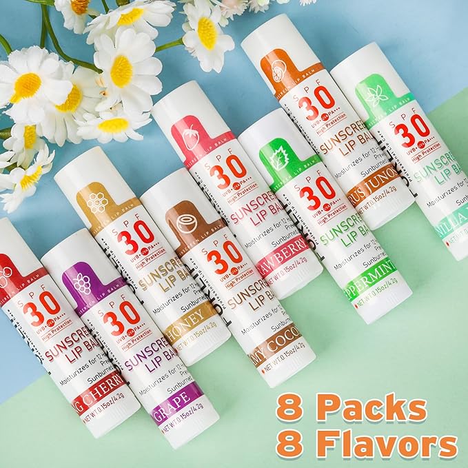 SPF 30 Lip Balm with Sunscreen, 8 Pack - 8 Flavors, Hydrating Lip Balm with Vitamin E and Coconut Oil