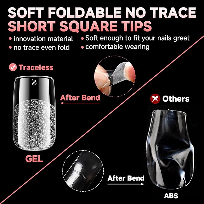 UNA GELLA Short Square Gel Nail Tips 600Pcs, Square Press on Nails Pre Etched Full Cover Soft Gel Nail Tips No C Curve For Women Girl DIY French & Chrome Style Salon At Home 12 Sizes