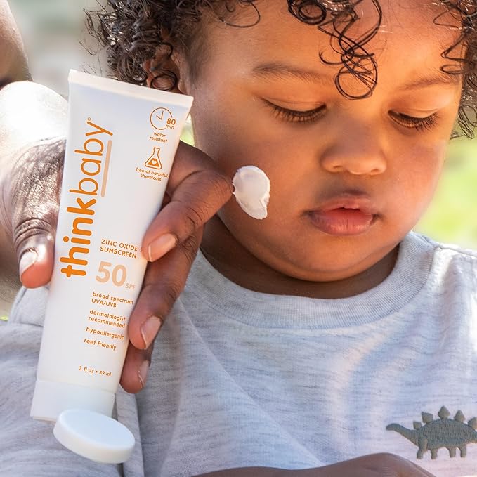 Thinkbaby SPF 50+ Baby Mineral Sunscreen – Safe, Natural Sunblock for Babies - Water Resistant Sun Cream – Broad Spectrum UVA/UVB Sun Protection – Vegan Baby Sunscreen Lotion, 3 Oz.