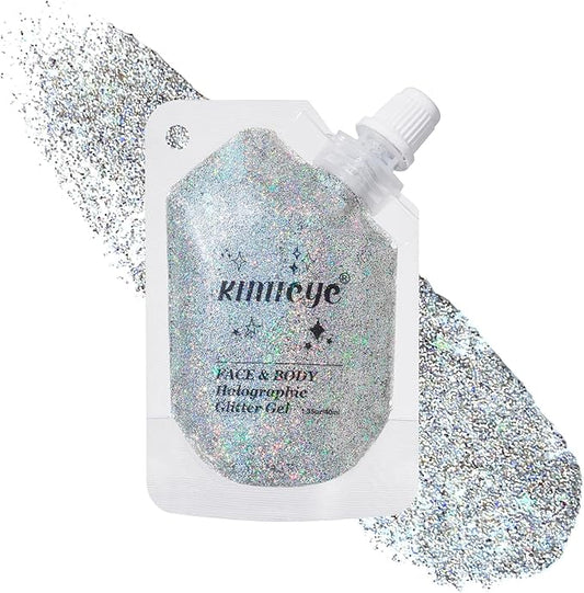 Holographic Face Glitter Gel Body Shimmer Makeup for for Hair, Face, Clavicle, Arm, Nail, Eyeshadow, Long Lasting Waterproof Mermaid Sequins Party Glitter for Rave Festival, 1.35oz (Laser Silver #5)