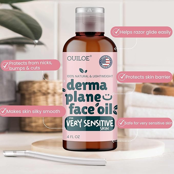Dermaplane Oil for Women with Very Sensitive Skin - Lightweight Face Shaving Oil, Natural Facial Shave Oil - Use with a Dermaplaning Tool, Razor, Shaver or Microblade for Close Shave 4oz by Ouiloe