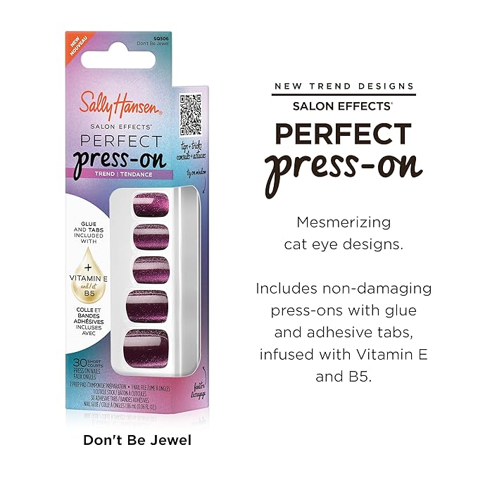 Sally Hansen Salon Effects Perfect Press-On Nails | Square Shape | Easy to Apply, Non-Damaging | 30 Nails, Nail Glue, Adhesive Tabs, File | Don't Be Jewel