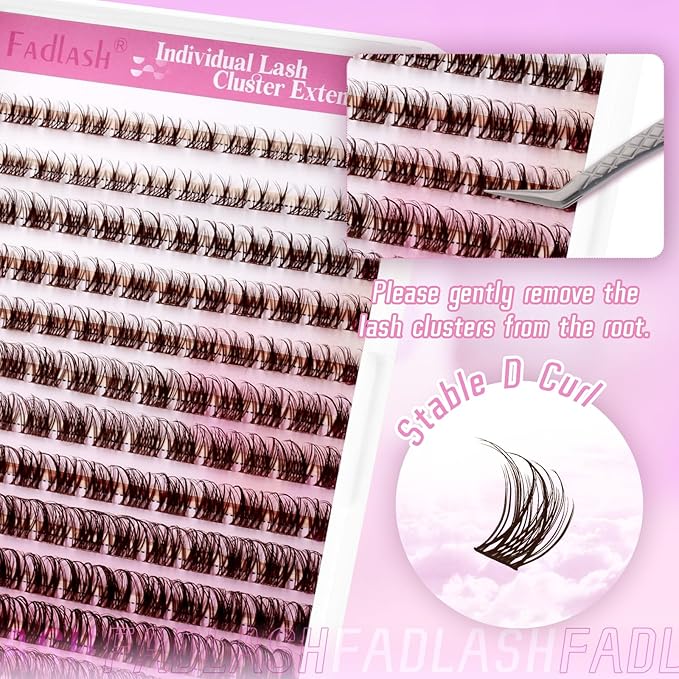 FADLASH Lash Clusters Brown Natural Eyelash Clusters DIY D Curl Cluster Eyelash Extensions with Soft Thin Band Reusable Individual Lashes for Self Use (R028, 8-16mm)