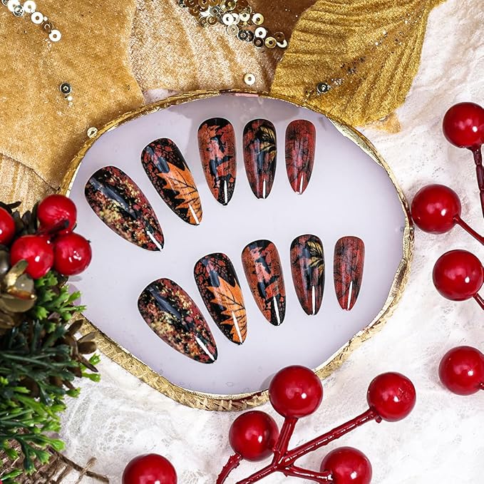 24Pcs Fall Press on Nails Medium Almond Fake Nails Maple Leaf False Nails Autumn Full Cover Acrylic Nail Maple Leaves Glue on Nails Reusable Thanksgiving Artificial Nail Supplies for Women