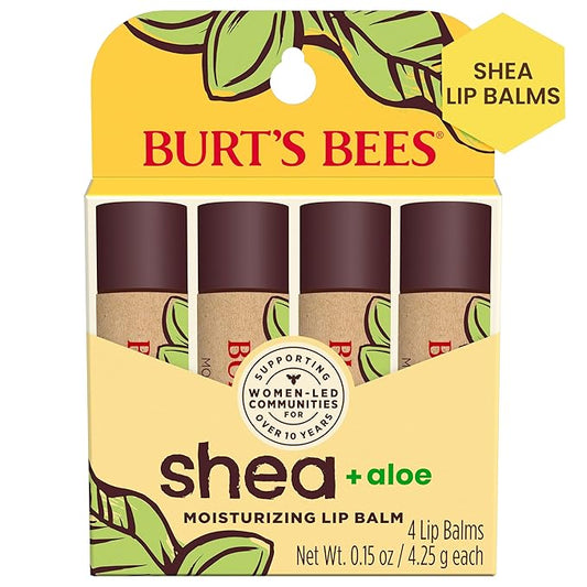 Burt's Bees Shea + Aloe Lip Balm Stocking Stuffers Christmas Gifts, Antioxidant Vitamin Rich Formula Locks in Moisture for Instant Hydration, Natural Smoothing Lip Treatment for After Sun Care(4-Pack)